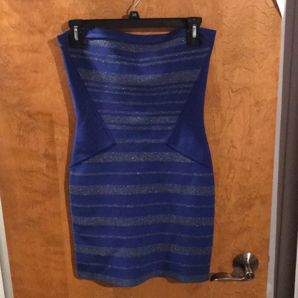 Tight fitted strapless blue and silver mini dress